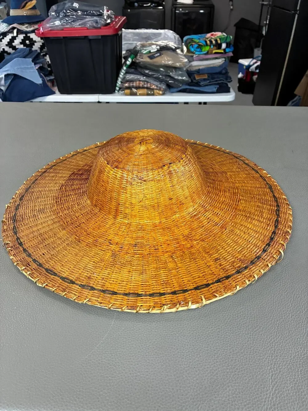 Vintage Handwoven Asian Rattan Sun Hat Large Woven Rice Hat Decorative Wall Art
